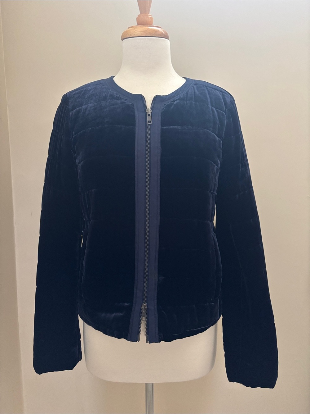 Eileen Fisher Navy Velvet Quilted Zip Jacket with Silk Trim